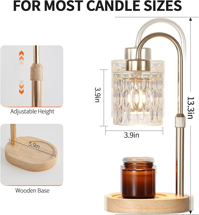 MEIXISUE Gold Candle Warmer Lamp with Dimmer and Timer,Home Decor Lamp for Scented Jar,Electric Wax Melt Warmer,Mother's Day/Birthday/Christmas Gifts for Mom/Wife,Adjustable Height,with 2 Bulbs