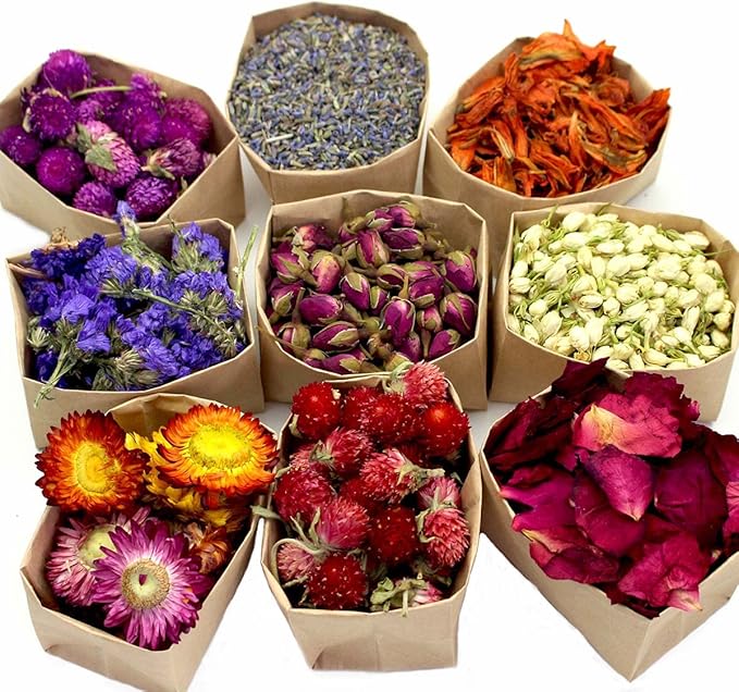 9 Bags Set Dried Flowers Artisan Dried Flower Kit - Candle Making Soap Making DIY Candel Natural Flowers-Lemon,Lavender,Roseleaf,Pink Rose,Red Rose,Jasmine,Rose Petal and More