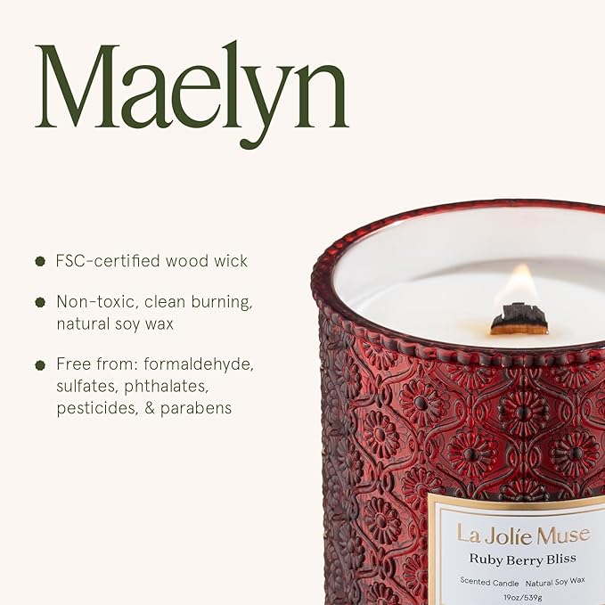 LA JOLIE MUSE Ruby Berry Bliss Scented Candle | Mandarin, Cranberry & Plum | 19 oz Natural Soy Candle | Wooden Wick | 90-Hour Clean Burn | Cozy Home Decor