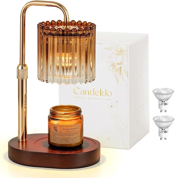 Candeldo Candle Warmer Lamp with Timer: Amber Candle Warming Lamp with 2 Bulbs Height Adjustable Wax Melt Dimmable Bedroom Decor for Women