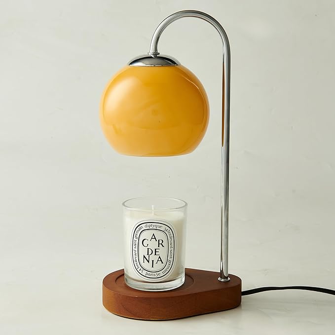 Modern Candle Warmer Lamp with Timer and Dimmer, Dimmable Electric Candle Lamp Warmer, Wax Melt Warmer, Glass with Wood Base, Home Decor Gifts 2 Bulbs Included (Brown and Stained Wood Base)