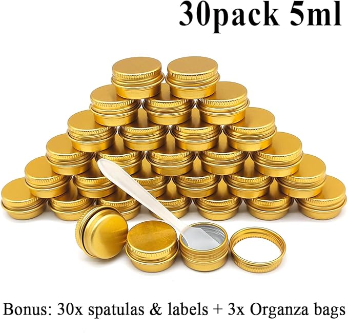30 pack 5ml Lip Balm Tin Cans, 5g Mini Aluminum Makeup Sample Containers with Screw Lid, Empty Metal Tins Pot Storage Travel Jars for Cosmetic Cream Candle Tea, 5 Gram Small Tins, Gold Color