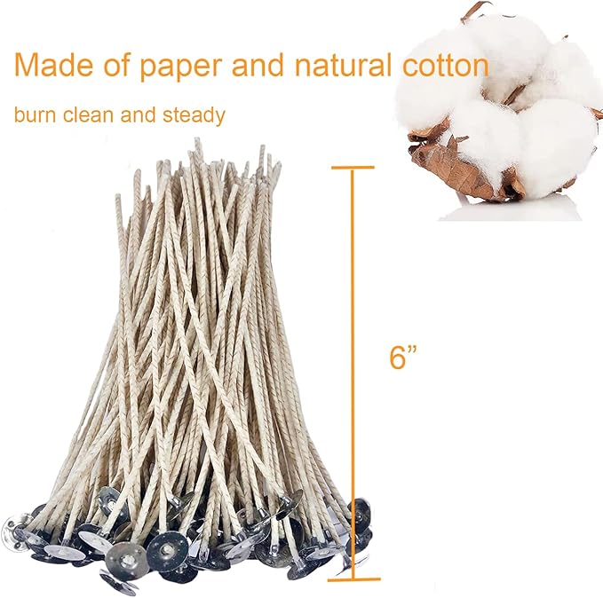 100 pcs 6" ECO Candle Wicks for Candle Making Coated with Natural Soy Wax, Low Smoke Cotton Threads Woven with Paper with 20 pcs Candles Wicks Stickers & Wicks Centering Device