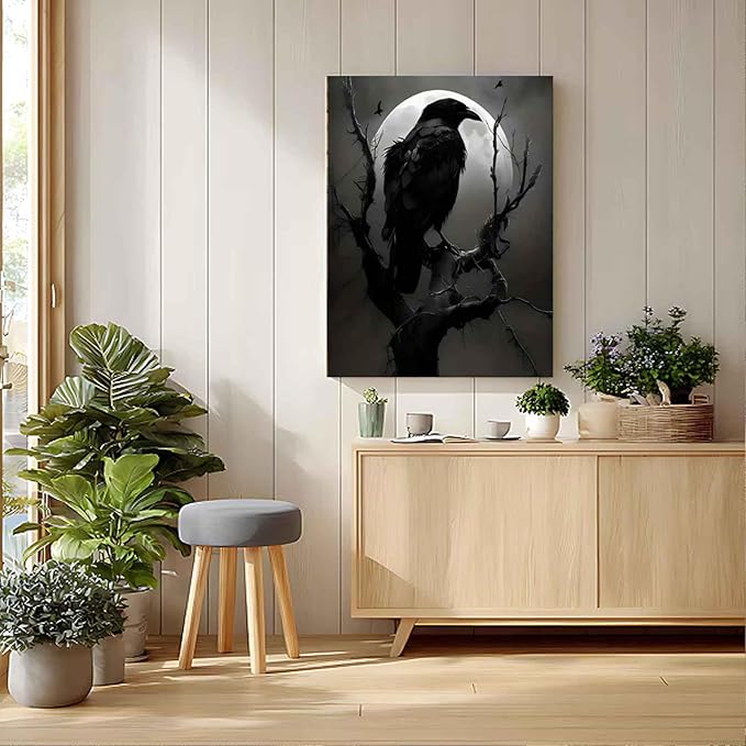 Gothic Raven on Bare Tree Under Full Moon Paint by Numbers for Adults, Dark Fantasy DIY Painting Kit, Moody Wall Decor 24 Colors 20x24 inch Framed