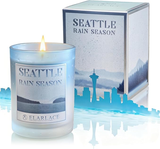 Seattle RAIN Season Scented Candle | 40H Burn Time, 8.8oz Clean-Burning Plant-Based Candle | Tranquil Pacific Northwest Scent | Fall & Holiday Gift for Travel Lovers