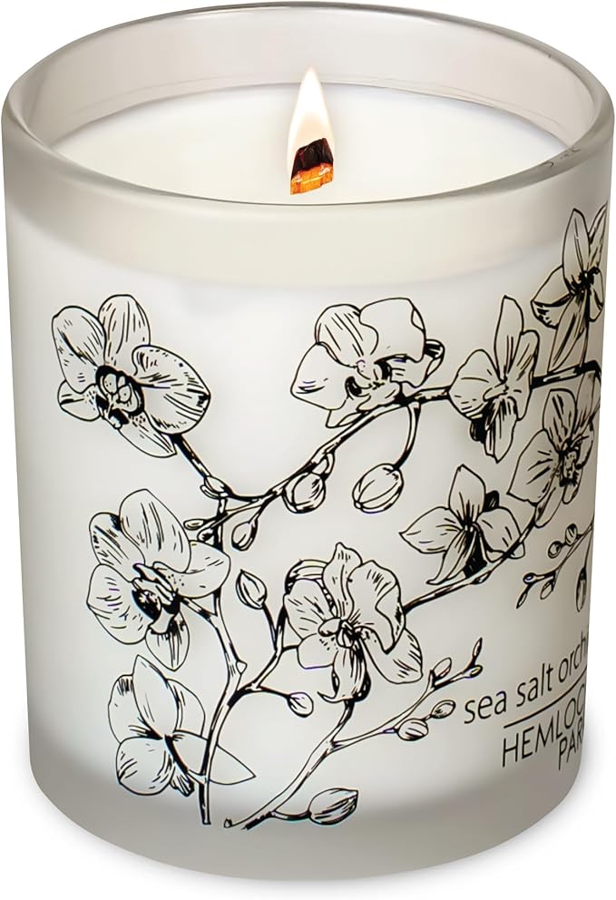 Hemlock Park Frosted Jar Wood Wick Candle Handcrafted with Natural Coconut Wax (Standard 7.2 oz, Sea Salt Orchid)