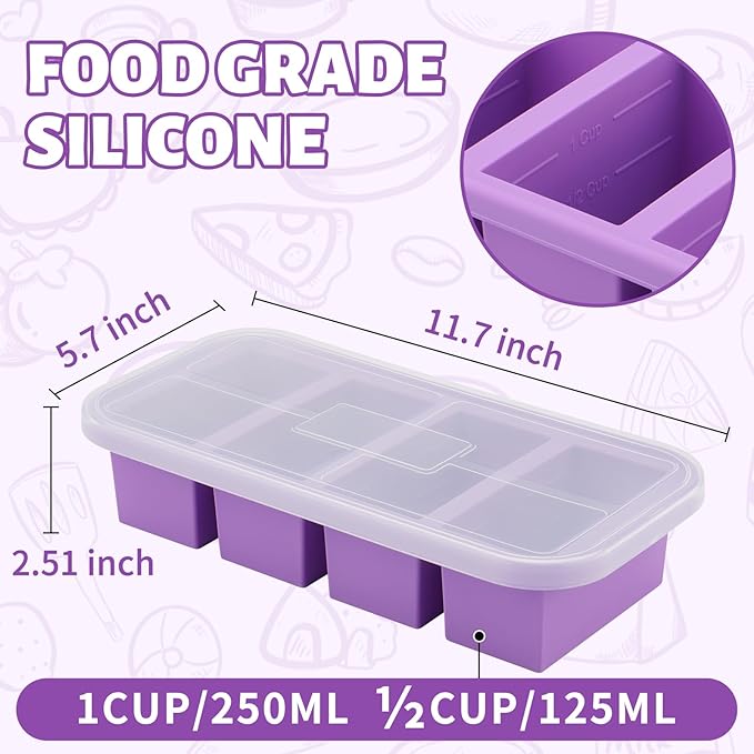 SHIKORI Silicone Freezer Molds With Lids, Easy Meal Prep Container and Kitchen Storage Solution, Silicone Molds for Food, Soup, Smoothie Storage and More (Purple-4 Cup)