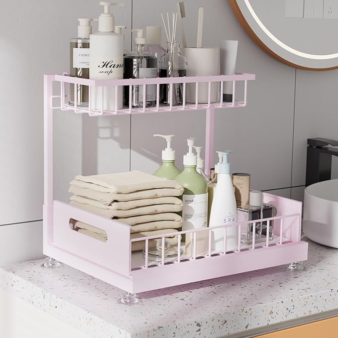 Saydear Under Sink Organizer Storage 2-Tier Premium Metal Pull-Out Kitchen Cabinet Organizer with Sliding Drawer, Height Adjustable, Heavy Duty for Kitchen & Bathroom Organizers 2 Pack Pink