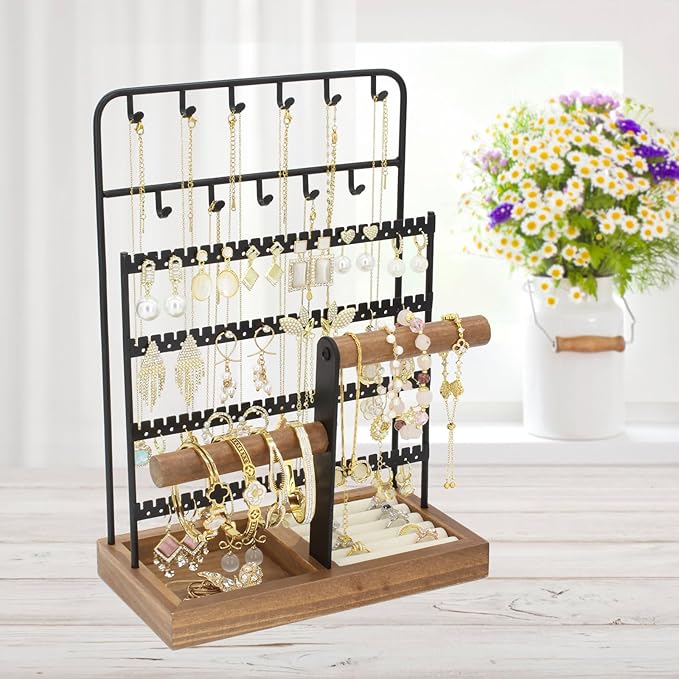 Jewelry Holder Organizer Stand 4-Tier Necklace Stand Earring Holder with Wooden Tray, Jewelry Rack for Bracelets Watches and Rings Display Stand, Gifts for Women & Girls-Black