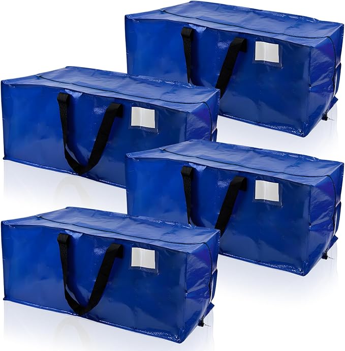 DURASACK Heavy Duty Moving Bag Storage Container Duffle Bag with Zipper, Reinforced Carry Straps and Backpack Straps, Made of Rugged Woven Polypropylene, Pack of 4, Blue