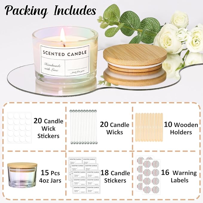 SUPMIND 4oz Iridescent Candle Jars 15 Pack, Small Wide Mouth Glass Empty Candle Jars with Bamboo Lids for Making Candles, Bulk Candle Container with Wick Kit, Ideal for Candle Business Owners
