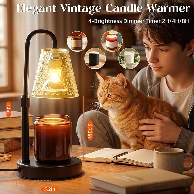 Glimra 2 Pack Candle Warmer Lamp with Timer,Dimmable Adjustable Height Candle Heater Birthday Gifts for Women Mom Sister Friends,House Warming Gifts New Home Candle Lamp Warmer with 4 Bulbs