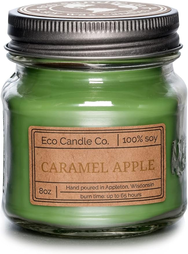 ECO CANDLE CO. Recycled Candle, Caramel Apple, 8 oz. - Scents of Granny Smith Apples and Creamy Caramel - 100% Soy Wax, No Lead, Kraft Paper Label & Lid, Hand Poured, Phthalate Free, Midwest Soybeans