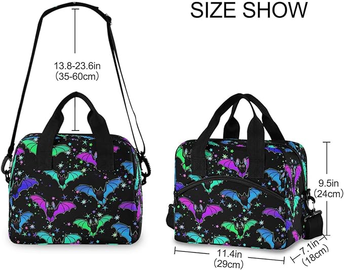 CBBYY Psychedelic Bat Lunch Bags for Women Men, Reusable Insulated Lunch Box, Adjustable Shoulder Straps Tote Lunch Bag for Work Picnic School