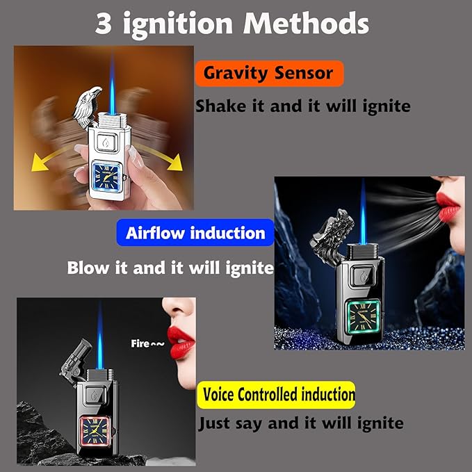 Torch Lighter, Smart Voice-Control Magic Dual Flame Dragon Lighter, Windproof Design with Visible Fuel Tank, Adjustable Flame Refillable Butane Lighters for Men Friends Gifts (Without Butane)-Black-D