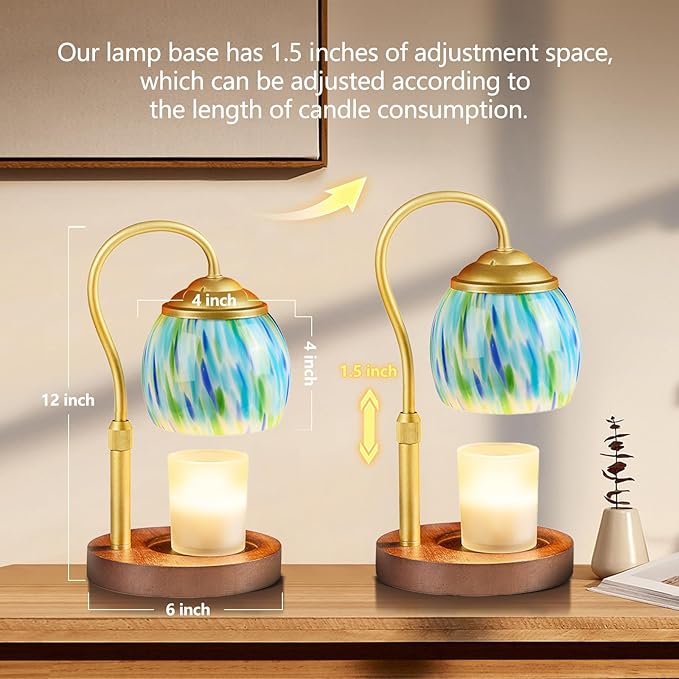 Blue Opal art glass Candle Warmer Lamp with Wood Base - Height Adjustable, 2/4/8H Timer, 4-Level Dimmer - Includes 2 GU10 Bulbs - Winter Home Decor & Gifts for Women, Fits Candles up to 5"