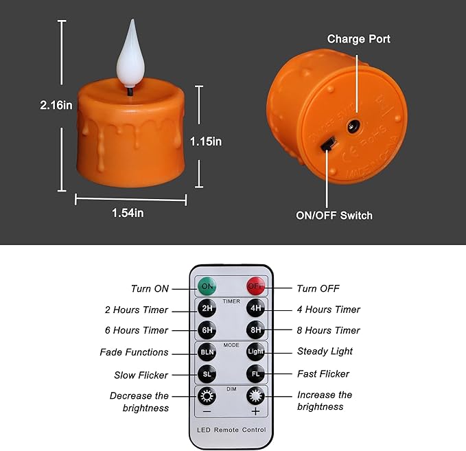 6 Pack Orange LED Tea Lights Rechargeable with Remote Control and Timer, Flickering Warm White Light, Flameless Candles with Charging Station and USB Cable