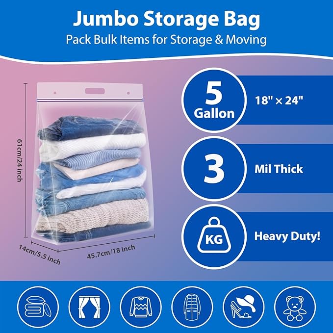 5 Gallon Zipper Bags with Handle and Bottom, Pack of 6, Heavy Duty Clear Handy Plastic Storage Bag, 18"x24" Reusable Large Zip Storage Bag for Sports, Travel, Moving and Clothes, 3-Mil Thick