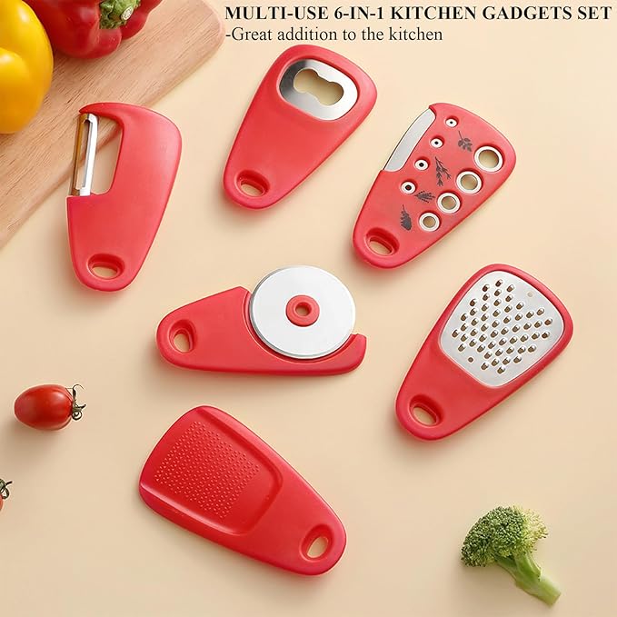 Kitchen Gadgets Set 6 Pieces, Space Saving Cooking Tools Kitchen Accessories-Garlic/Ginger Grinder, Cheese Grater, Vegetable/Fruit Peeler, Pizza Cutter, Herb Stripper, Bottle Opener, Gadgets Gift Set