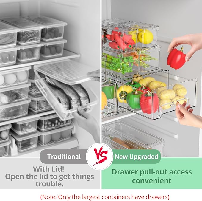 damynuo 14Pack Fridge Organizer Bins, Clear Refrigerator Organizing Containers with Lids and Refrigerator Drawers, Stackable Food, Vegetable and Fruit Containers for Fridge Organizers and Storage