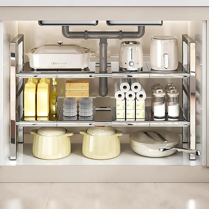 Large Under Sink Organizer 2 Tier Expandable Heavy Stainless Steel Shelf Adjustable Height for Under Kitchen Bathroom Sink Organizers and Storage (Large Size: 8 Panels)