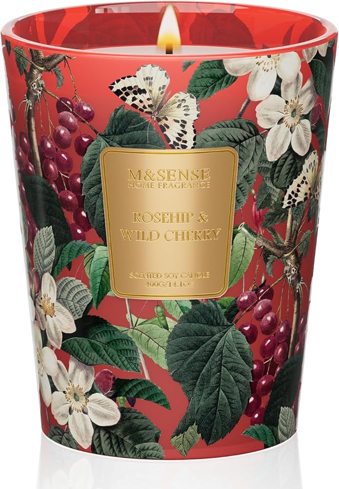 M&SENSE Wild Cherry Soy Candle, 14.1oz 60H Slow Burning, Aromatherapy Candle for Home Fragrance Romantic Winter Gifts for Women Housewarming