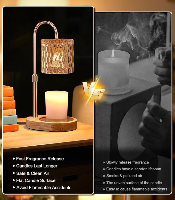 Candle Warmer Lamp Electric: Dimmable Timer Candles Warming Lamps - Height Adjustable Burner Jar - No Flame Scented Melts Wax - All Candle Jars Table Light Home Decor