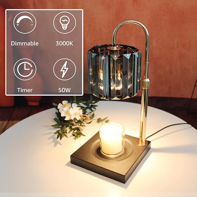 Yuichoy Candle Warmer Lamp with Timer, Dimmable Electric Candle Wamer Adjustable Height, Gifts for Women Mom, Glass Modern Candles Melter Lamp, Black