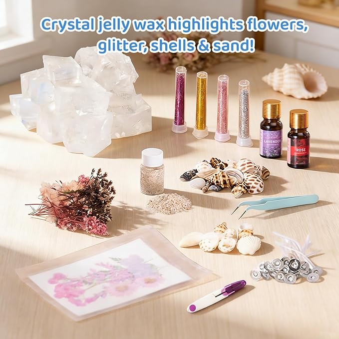DIY Jelly Wax Candle Making Kit with Jars - Complete Transparent Gel Candle Maker Kit, Ocean Theme Gel Kit & Floral Jelly Wax Set, Includes Dried Flowers, Shells & Essential Oils