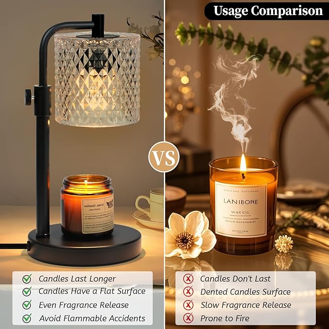 NITOWOLF Candle Warmer Lamp with Timer, Candle Wax Warmer Adjustable Height Candle Lamp Warmer for Jar Candles, Brithday Gifts House Warming Gifts for Women (Black Glass)