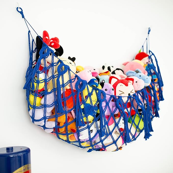 Stuffed Animal Storage Hanging Net or Hammock for Stuffed Animals Handmade Macrame Toy Hammock Plush Toy Hammock Organizer (Blue)