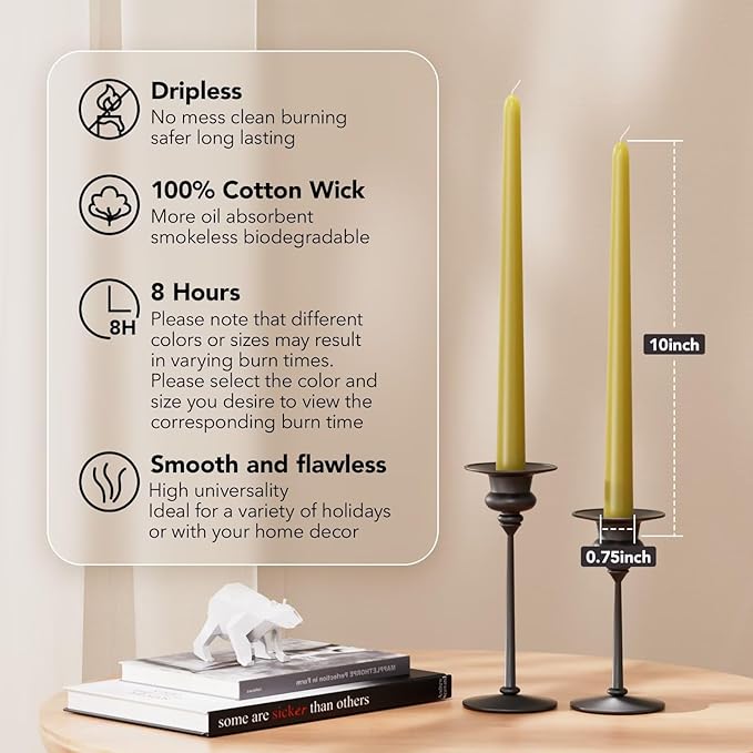 10-Inch Tall Dripless Taper Candles Set of 4 - Sage Green Tapered Candles, Perfect for Spring - Smokeless, Unscented, Long Burning - Hand Poured, Colored Tall Candlesticks - Verde salvia