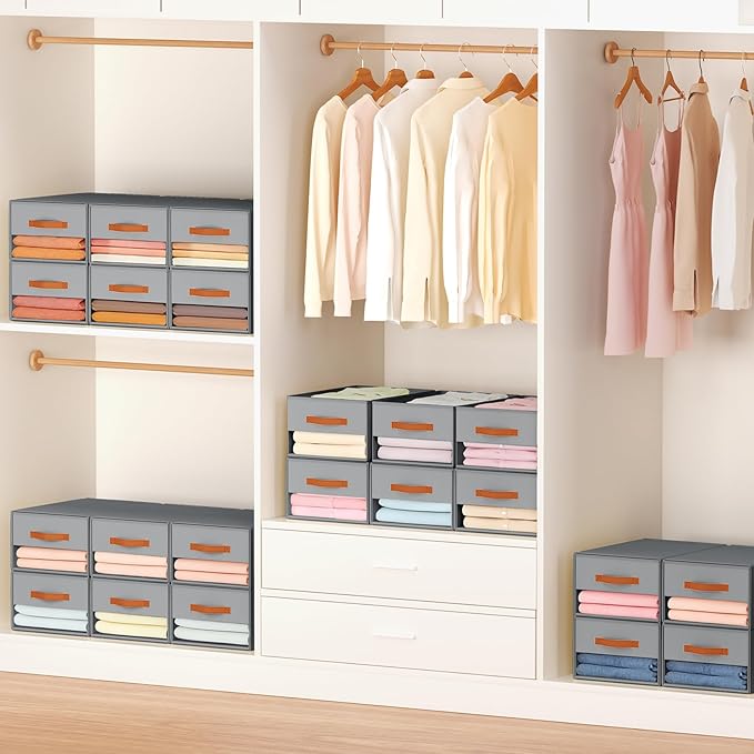 Stackable Storage Drawers - Pull Out Storage Bins with Drawers for Closet Clothes Organizers with Weekly Labels & Clear Window, Closet Shelf Storage for Bedroom, Living Room, 5 Pack, Grey