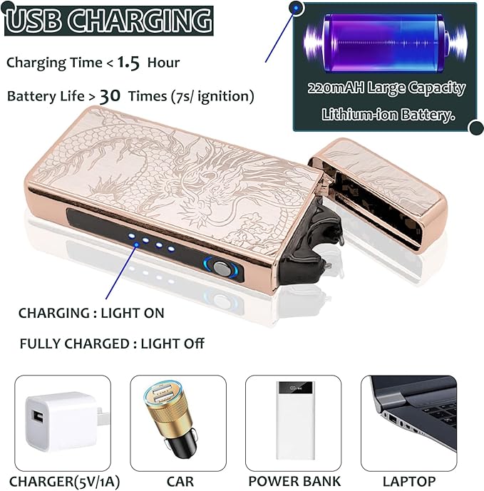 Electric Lighters - Plasma Dragon, USB Rechargeable, Windproof Flame, Butane Free with LED Battery Indication for Candles, Incense, Camping (Gold Dragon)