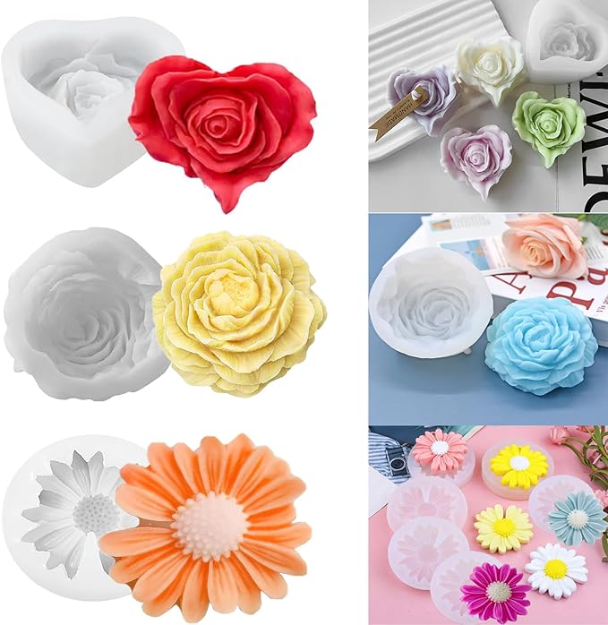 Candle Molds for Candle Making,Flower Molds Silicone Candle Molds for DIY Scented Candle,Soap Candle Making Kit,Soy Wax,Cake, Resin Casting Craft Making-3 Pack