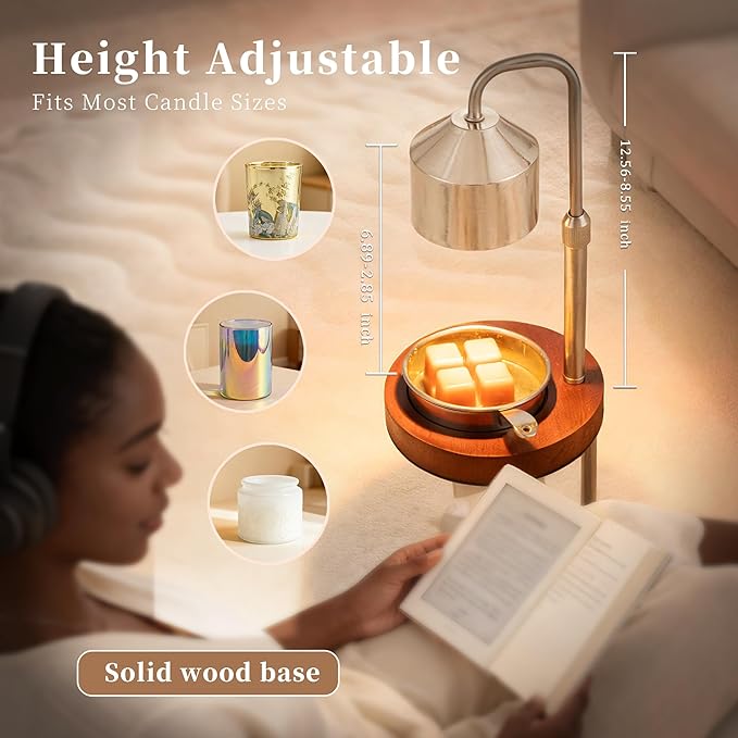 Candle Warmer Lamp with Timer Dimmable,Electroplated lampshade and Wooden Base,Height Adjustable Candle Warmer with 2 Bulbs,Gifts for Women Mom Bedroom Decor with Wax Tray