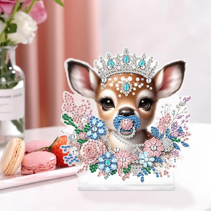 antor Diamond Painting Desktop Ornament Kit, Acrylic Diamond Art Tabletop Decoration, Special Shape Crystal Diamond Painting Desk Figurine Decor DIY Crafts Gift, Deer with Crown