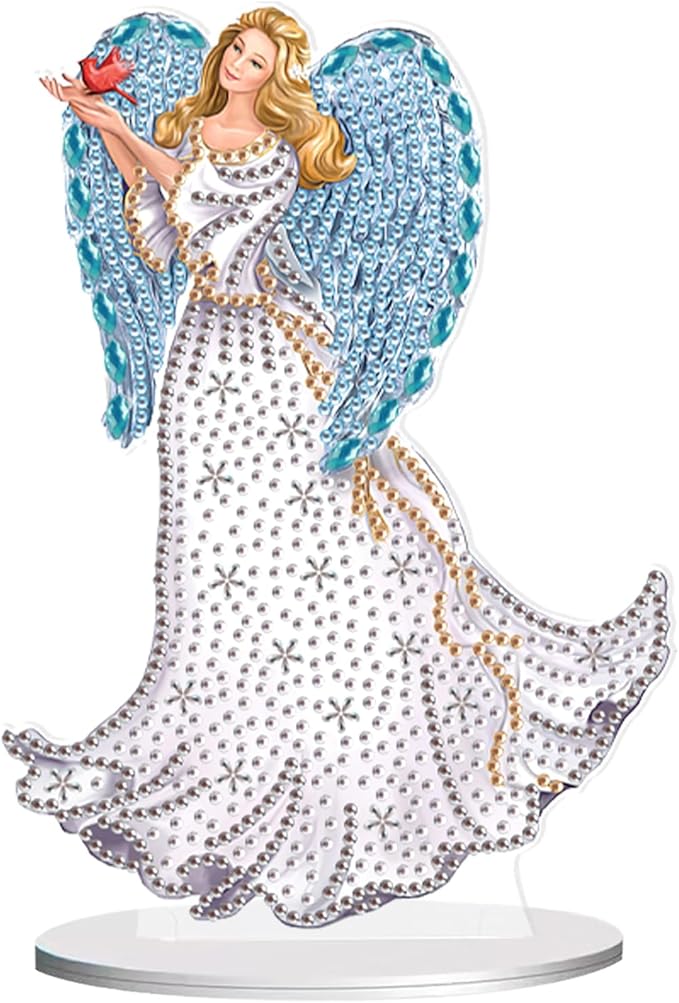 antor Diamond Painting Desktop Ornament Kit, Acrylic Tabletop Diamond Art Tabletop Decoration with Wings Angel Figurine for Adults, Special Shape Crystal DIY Crafts Gift