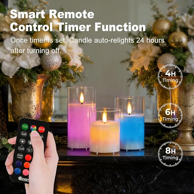 Rechargeable Ice Crystal Glass Flameless Candles, RGB Color Changing Realistic Flickering Flameless Candles with Remote & Timer,Best Festival Wedding Home Party Decor - Set of 3