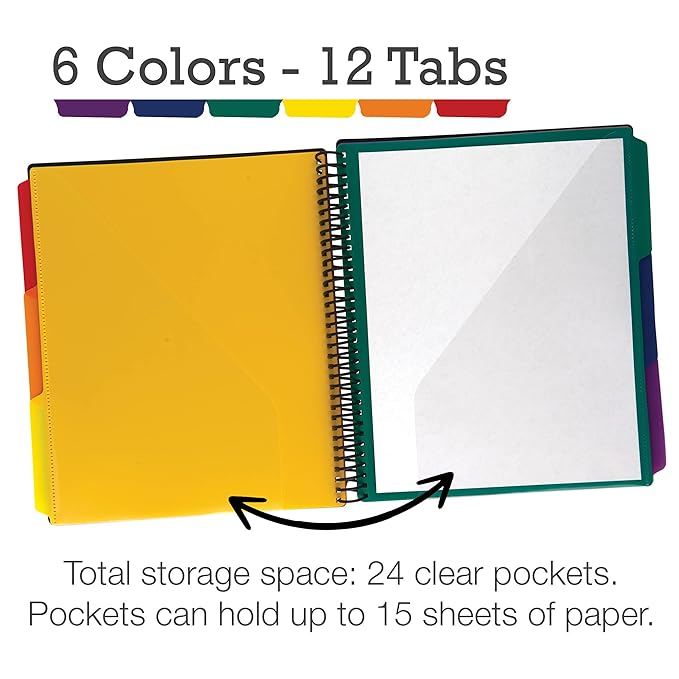 Samsill Spiral Folder Organizer (2-Pack) - 12 Dividers & 24 Pockets with Zipper Pouch, Multi Pocket Color Cordinated Folder Binder with Customizable Tabs, Document Organizer (Basic)