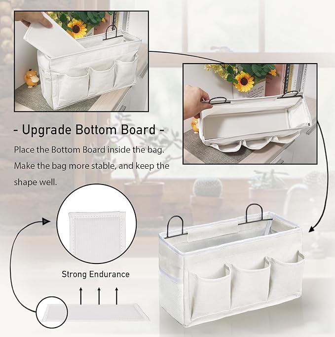 Kanrichu Wall Hanging Organizer Bag, 2-Pack Linen Storage Baskets with Pockets, WallHanging Storage Basket for Bedroom, Kitchen, Office, RV Camper (White-2pcs)