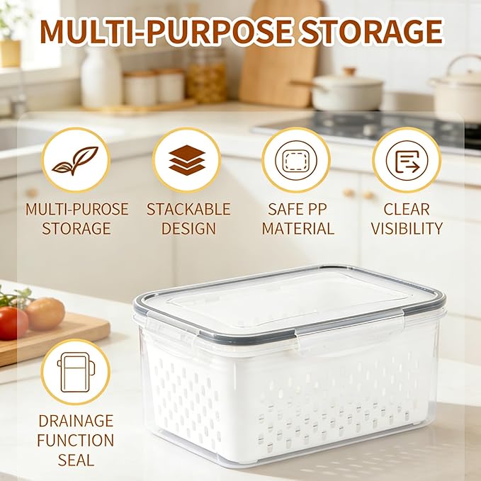 4 in 1 Food Storage Container, Berry Containers For Fridge & Veggie Tray With Lid For Fridge. Airtight Stackable Fruit Bowl With Removable Draining Colander, Premium Kitchen Camper RV Organization