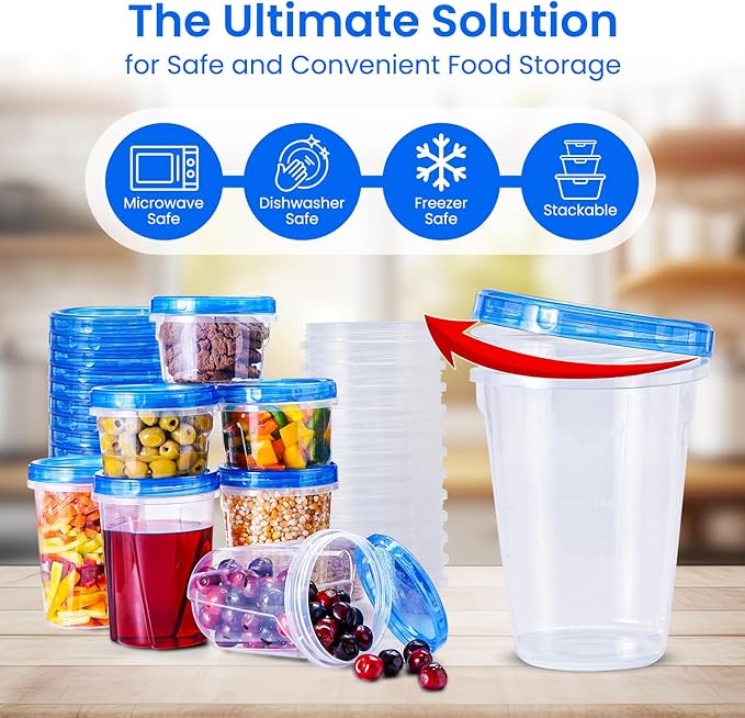 RFAQK 48 PCS Freezer Storage Containers with Lids- Plastic Deli Containers-Freezer Containers for Soup with Twist Top Lids-Reusable Plastic Box for Lunch, Gym, Travel