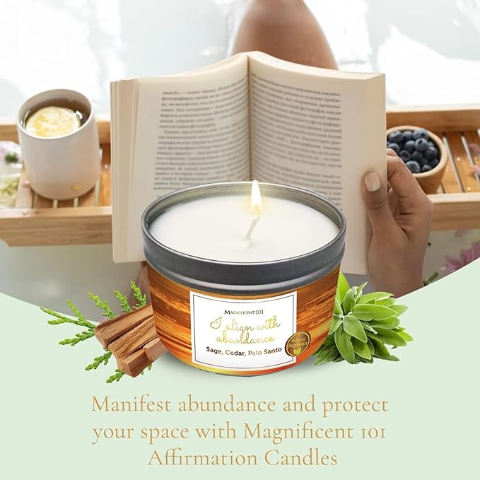 MAGNIFICENT 101 Palo Santo & Sage Cedar Candle for Abundance - 6 Oz Tin, White, I Align with Abundance - 35 Hr Burn & Soy Wax Aromatherapy - Energy Cleansing Meditation Smudge Candle