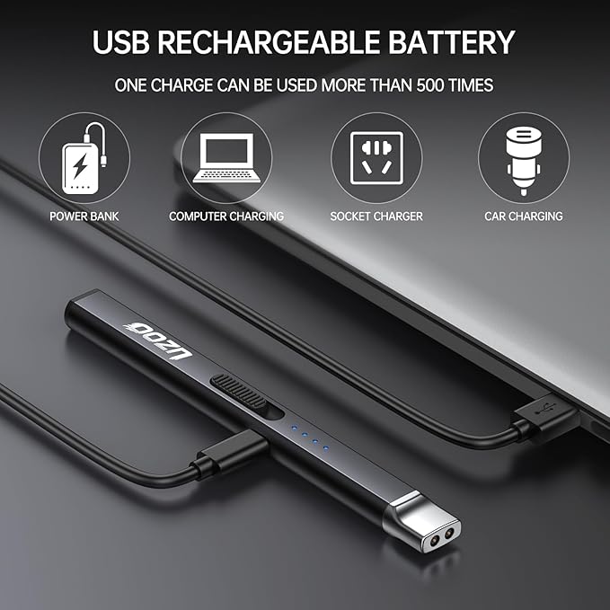 2 PCS Long Lighter, Candle Lighters Electric Lighter, Rechargeable Arc with LED Display, Lighters for Candle Aromatherapy Camping BBQ Gas Stoves-Deep Black