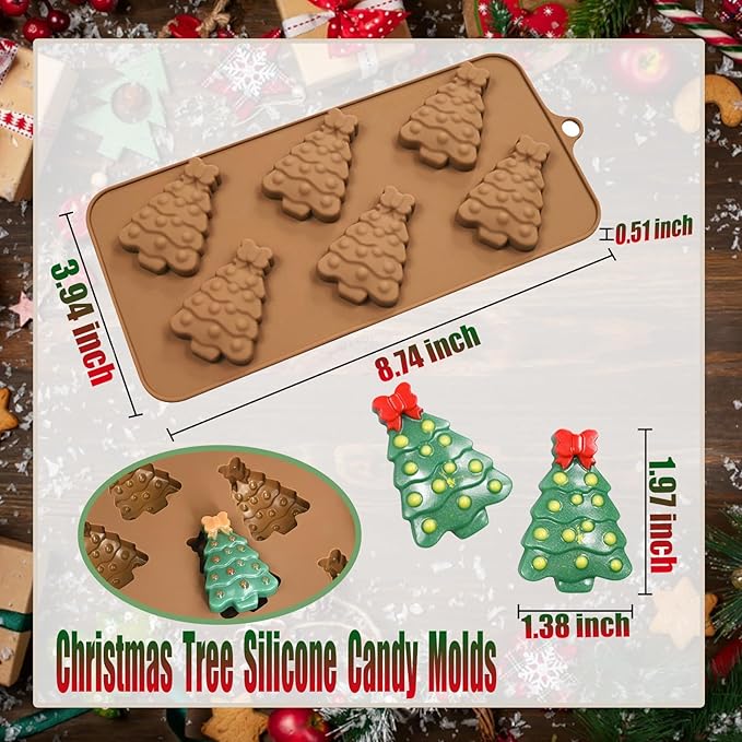 2 Pack Christmas Tree Silicone Candy Molds, 6 Cavities 3D Christmas Chocolate Molds with Bowknot Shape Design Non-Stick Holiday Silicone Mold Kit for Home Indoor Baking, Soap Making, Candle Resin