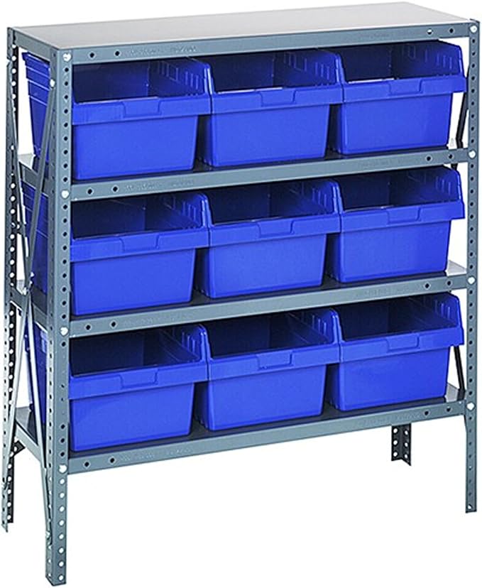 Quantum Storage Systems 1239-SB809BL Solid Heavy Duty 4 Shelves 9 Store-MAX Blue Bins 39" H x 36" W x 12" D