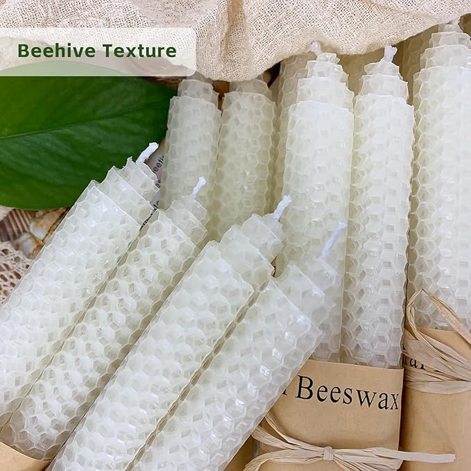 Lacaser Natural Beeswax Taper Candles Bulk Set, 9" Long Candlesticks, Dripless & Unscented, 4 Hour Burn Time, 12 Pack in White