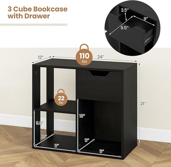 LOKO 3-Cube Bookshelf with Drawer, 2-Tier Open Shelf Bookcase, Freestanding Display Shelf, Modern Home Storage Organizer, Shelving Unit for Living Room, Bedroom, Study, Office (1, Black)