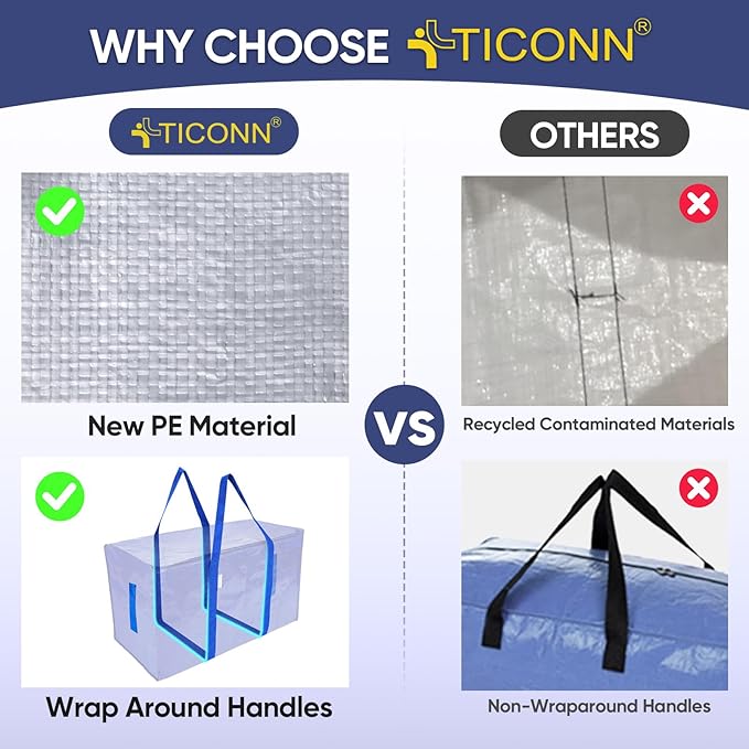 TICONN 8 Pack Extra Large Moving Bags Heavy Duty with Zippers & Carrying Handles, Durable Storage Bags Moving Boxes for Closet Organizers and Storage (8 Pack, Blue)